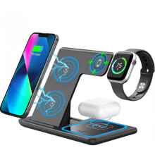 3 in 1 Wireless Charging Station for Phone Watch Earbuds with Night Light, Qi Fast Charger Dock Black