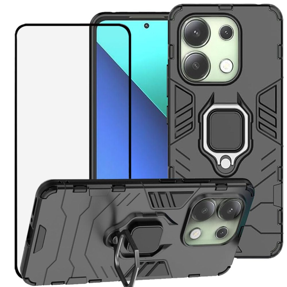 Shockproof Armor Case With Kickstand And Screen Protector, For Xiaomi Redmi Note 13 4G Black 9771547069713