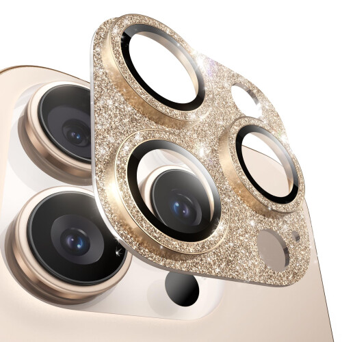 2 Pack Gold Bling Camera Lens Protector for iPhone 15 Pro/Pro Max, 9H Glass, ScratchResistant