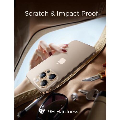 2 Pack Gold Bling Camera Lens Protector for iPhone 15 Pro/Pro Max, 9H Glass, ScratchResistant 1