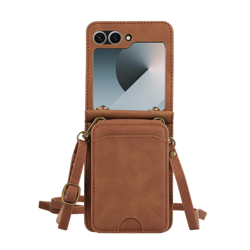 Wallet Case For Samsung Galaxy Z Flip 6 With Magnetic Lock, Pu Leather Crossbody Strap, Card Slot, Shockproof Protection Brown 9073542736073