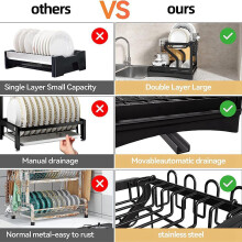Dish Drying Rack for Kitchen Counter, 2-Tier Drainboard Set with Double-Layer Bowl Rack, Cup Rack, Drain Board