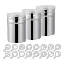 3-Pack Koffie Cacao Roestvrijstalen Poeder Shaker met Deksel, Bakken Koken Thuis Restaurant met Print Mallen Stencils