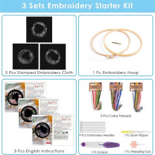 3 Pack Embroidery Kit, Floral -Stitch Set for Beginners Include Embroidery Cloth Hoops Threads