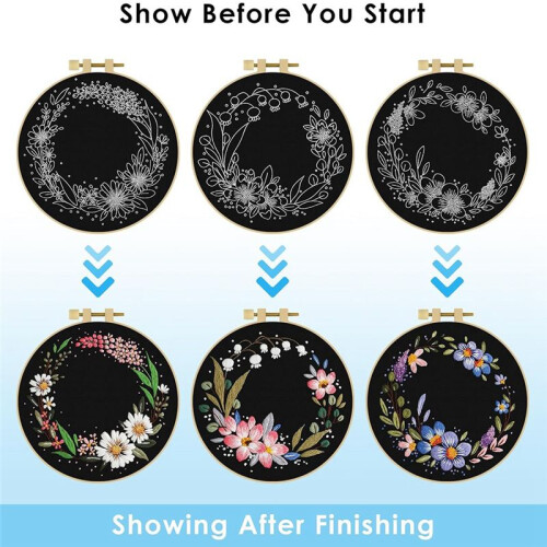 3 Pack Embroidery Kit, Floral -Stitch Set for Beginners Include Embroidery Cloth Hoops Threads 2