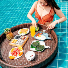 Round Rattan Floating Tray for Pool, 60cm Brown Beverage Bar with Handles for Parties and Spa
