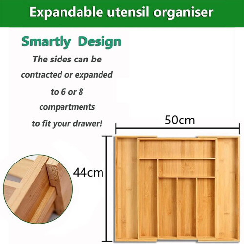 Bamboo Expandable Drawer Organizer, Silverware Organizer for Kitchen, Silverware, Cutlery and Makeup Drawers. 2