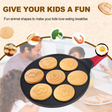 Pancake Maker - Non-Stick Pancake Pan Griddle Grill Pan Crepe Maker 7-Mold Pancakes with Silicone Handle, Black Animal