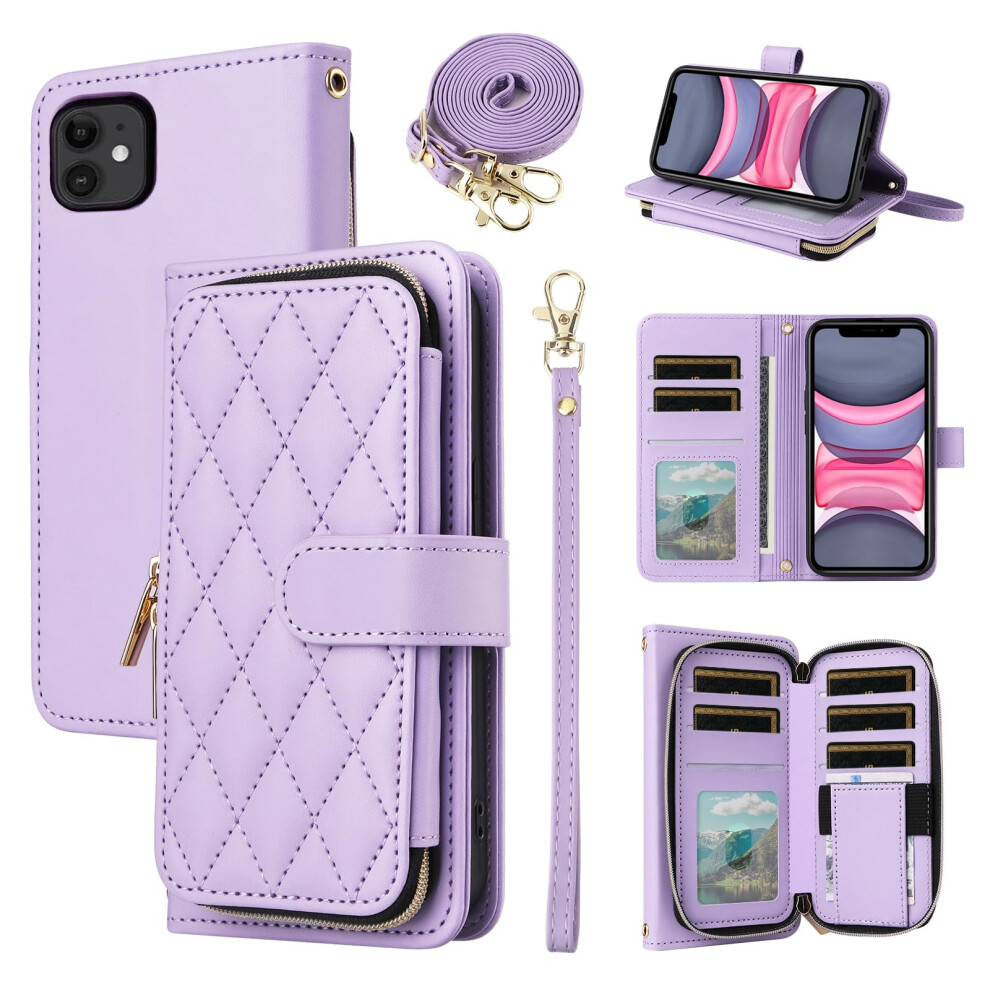 Wallet Case With Zipper Card Holder For Iphone 12 Pro, Checkered Crossbody Purse With Kickstand And Strap Purple 9330225039853