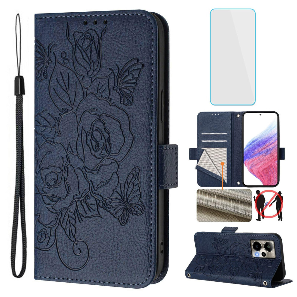 Wallet Phone Case With Screen Protector, Rfid Blocking, Dark Faux Leather For Cricket Outlast 5G Blue 9073542736646
