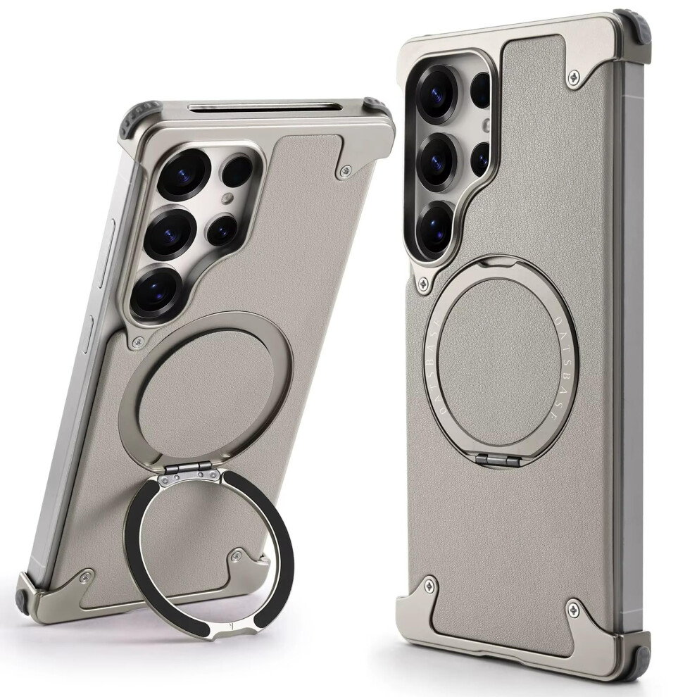 Metal Bumper Case With 360 Kickstand Shockproof Slim Leather Back Aluminum Frame (Titanium) For Samsung Galaxy S25 Ultra 9330225040026
