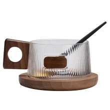 Coffee Cup Set Glass Tea Cup with Spoon Wood Coaster Simple Household Milk Tea Cup