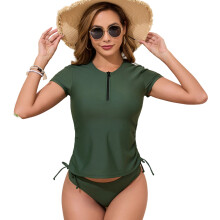 2 Piece Fashionable Half Zip Short Sleeve Tankini-Army Green XL