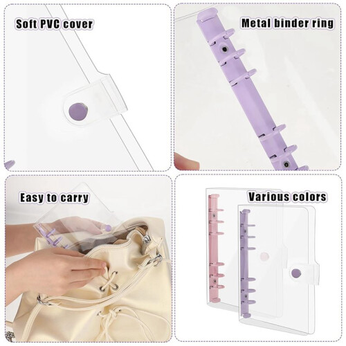 4 Pack A6 Soft PVC 6 Rings Binder, Clear Budget Binder, Refillable Planner Binder, Ring Binder Cover with Snap Button 2