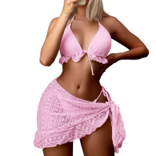 Women's 3 Piece Bikini Swimsuit Textured Lace Triangle-Pink M