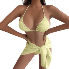 3-teiliges strukturiertes Bikini-Set mit Wickelüberzug,-Gelbes S