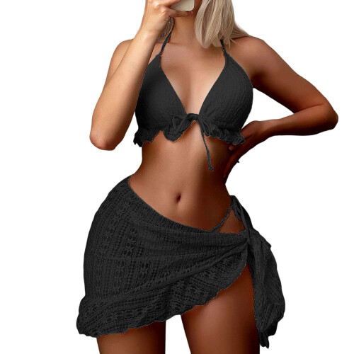 Women's 3 Piece Bikini Swimsuit Textured Lace Triangle-Black S