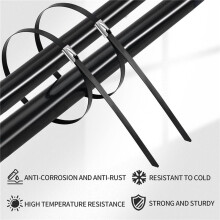 Metal Zip Ties Black 200Pcs 11.8 Inch 304 Stainless Steel Epoxy Coated Cable Tie for Machinery, Vehicles, Farms, Cables