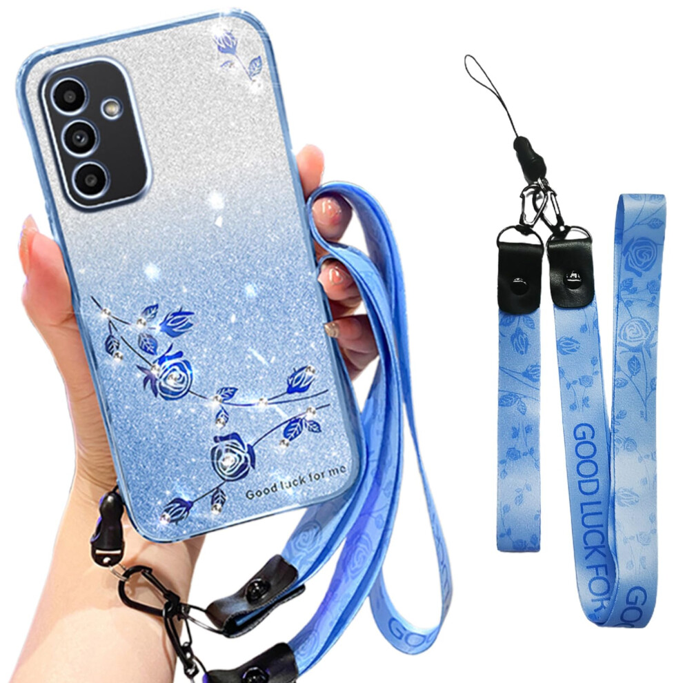 Clear Glitter Floral Tpu Case For Samsung Galaxy A15 5G With Crossbody Lanyard And Wrist Strap, Slim Shockproof Cover Blue 9092120814095