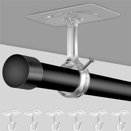 6 Pack No Drill Ceiling Mount Rod Brackets, Heavy Duty Self Adhesive Holders, Adjustable Hooks Hanging Transparent 1