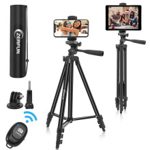 55 Inch Phone and Tablet Tripod Stand with Wireless Remote, Adjustable Height, Universal Mount