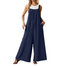 Tute intere a gamba larga da donna con tasche, pantaloni lunghi, salopette senza maniche taglie forti