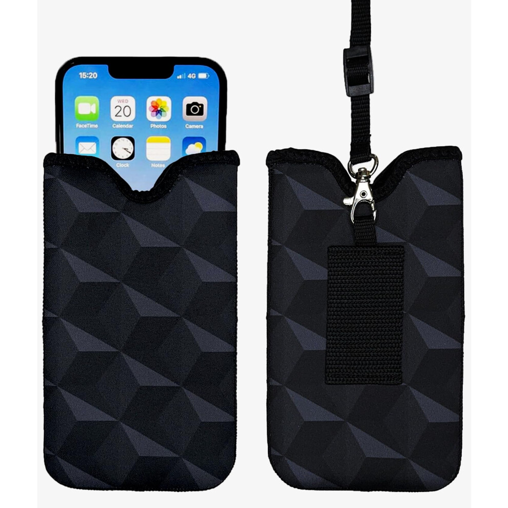 Shockproof Neoprene Cell Phone Sleeve With Belt Loop And Lanyard For Iphone And Samsung, Geometric Pattern Black 9092120814965