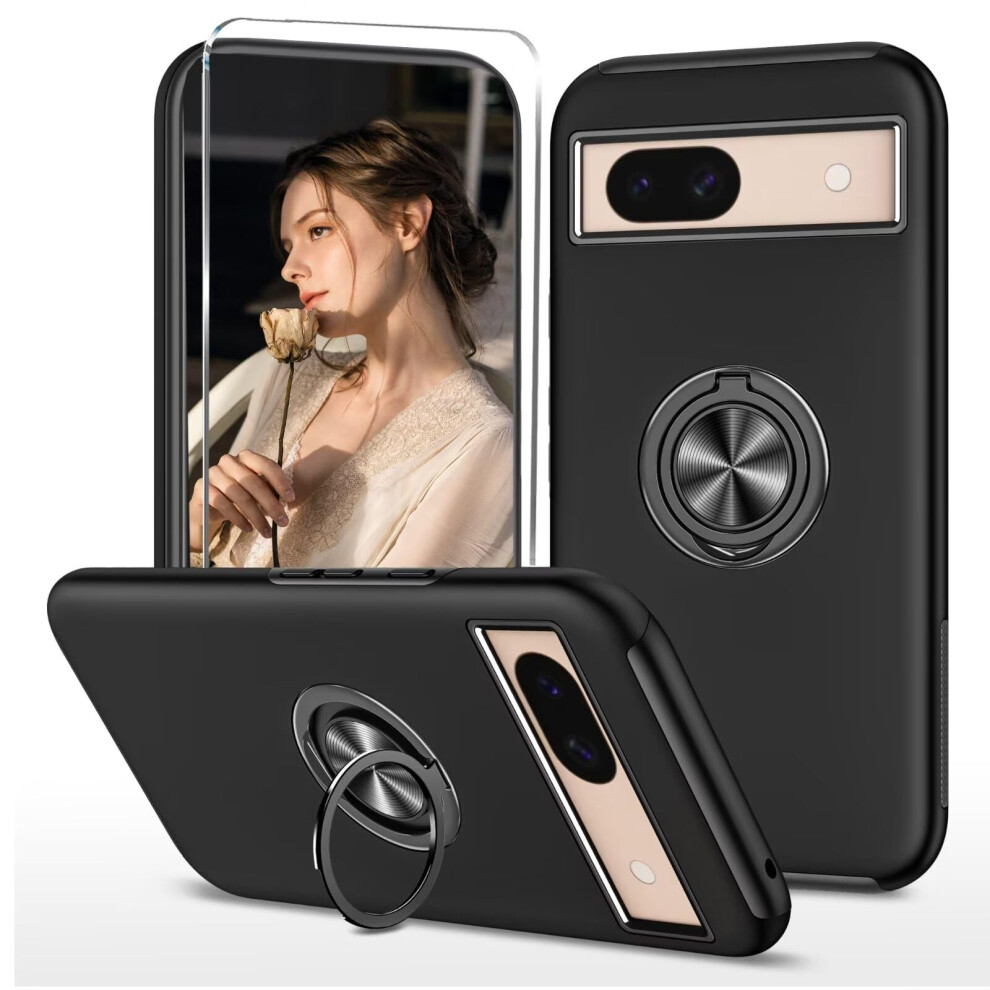 Case Militarygrade Shockproof Armor Cover With 360 Magnetic Ring Stand And Screen Protector For Google Pixel 8A Black 9771547075974