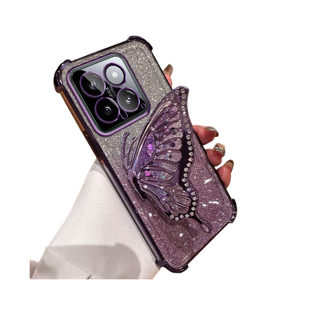 Case For Xiaomi 14 Soft Silicone Tpu Shockproof Cover With 3D Butterfly Kickstand Liquid Quicksand Bling Gradient Purple 9771547076117