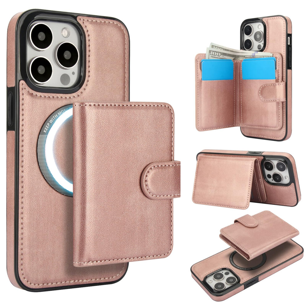 Magsafe Wallet Case Rose Pu Leather Rfid Blocking 2In1 Magnetic Card Holder Kickstand For Iphone 14 Pro Gold 9092120815276