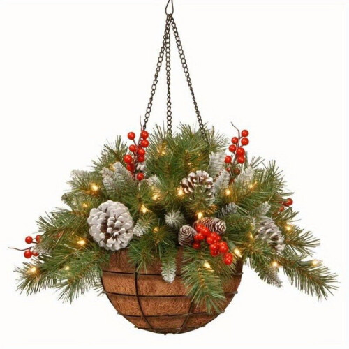 Pre-Lit Hanging Basket Indoor Outdoor Warm White LED Pine 2