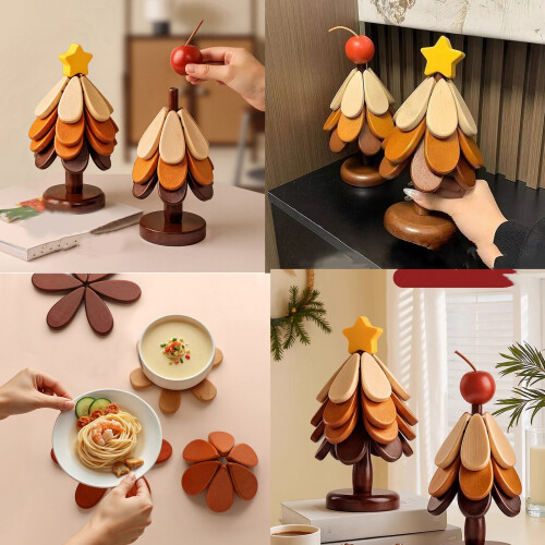 Holz-Weihnachtsbaum-Untersetzer-Set,-ae 4 Scheiben 1