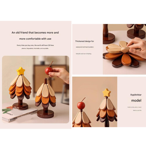 Holz-Weihnachtsbaum-Untersetzer-Set,-ae 4 Scheiben 2