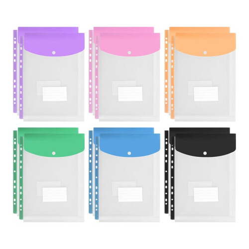 12Pack Plastic Envelopes, Binder Pockets for 3/4/11 Ring Binder,Expandable Document Organizer with Snap Button and Label