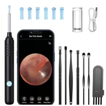 Removedor de Cera de Ouvido, Kit de Limpeza de Ouvido com 6 Palhetas de Ouvido, Otoscópio para Limpeza de Ouvido Câmera de Ouvido (Preto)