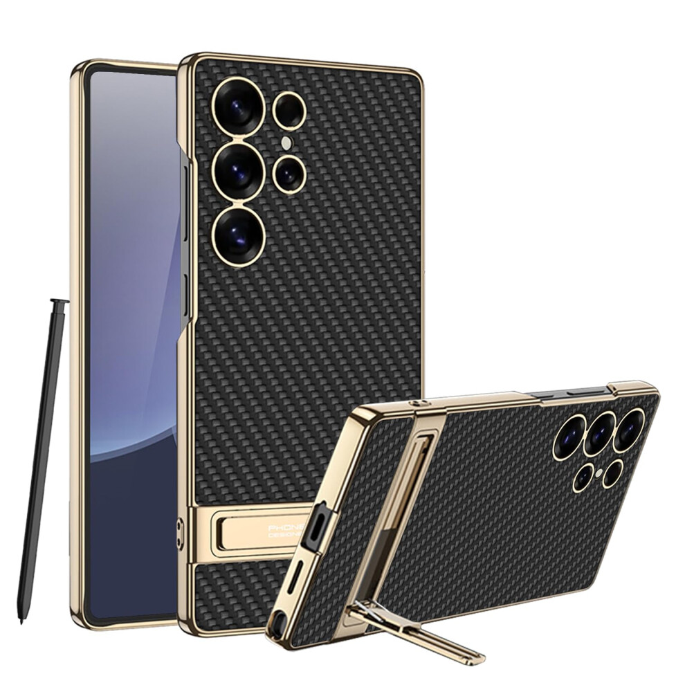 Case For Samsung Galaxy S25 Ultra Carbon Fiber Finish Slim Shockproof Cover With Kickstand And Pu Leather 9771547078340