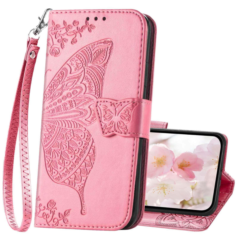 Butterfly Embossed Pu Leather Flip Cover Wallet Case With Card Holder And Wrist Strap For Samsung Galaxy S24 Fe Pink 9092120818130