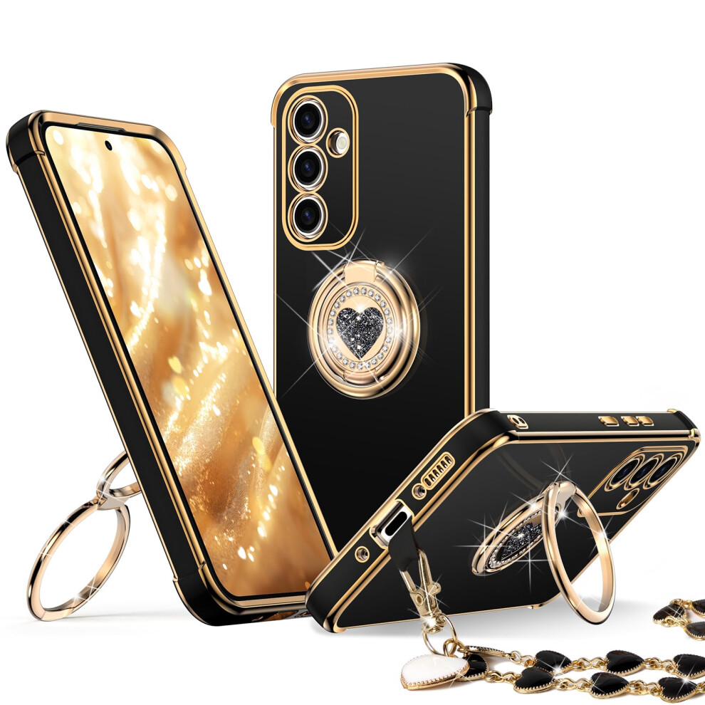 Case With Double Ring Kickstand, Cute Love Heart Bling Slim Protective Cover For Samsung Galaxy S25 Plus Black 9771547078685