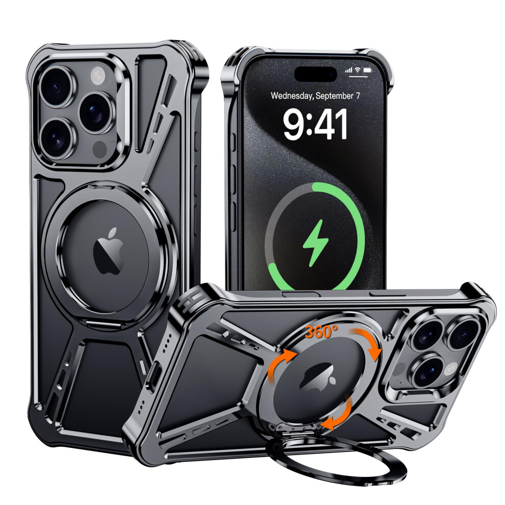 Magsafe Case For Iphone15 Pro, Shockproof Aluminum With 360 Rotatable Kickstand, Slim Cover Gray 9771547078906
