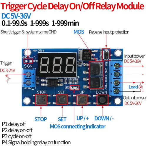 DC 5V36V Cycle Timer Relay Module with LED Display, Adjustable Delay Switch,  Power Output 2