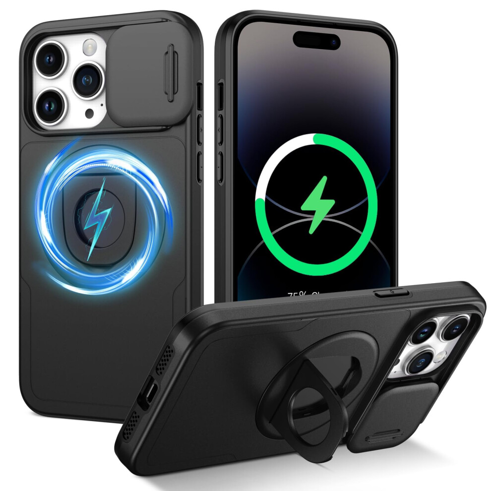 Case For Iphone 14 Pro, Magsafe Compatible With Sliding Camera Cover, Shockproof Kickstand Protective Cover Black 9092120818604