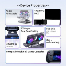 Fans Docking Station 6-in-1 for / Ally X/Legion Go/Msi Claw Adjustable Stand Dock with 4k