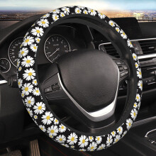 White Daisy Neoprene Steering Wheel Cover 15 Inch Non Slip Universal Fit Floral Design for Women