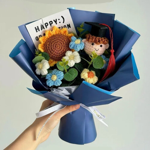 Bunter gestrickter Abschlussblumenstrauß mit Puppe für-A 2