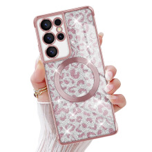 Magnetic Shockproof TPU Case with Leopard Print and Plated Edge Finish for Samsung Galaxy S21 Ultra