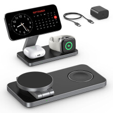 3 in 1 Foldable Fast Wireless Charging Pad for iPhone and Apple Watch with Adapter, Dark Black