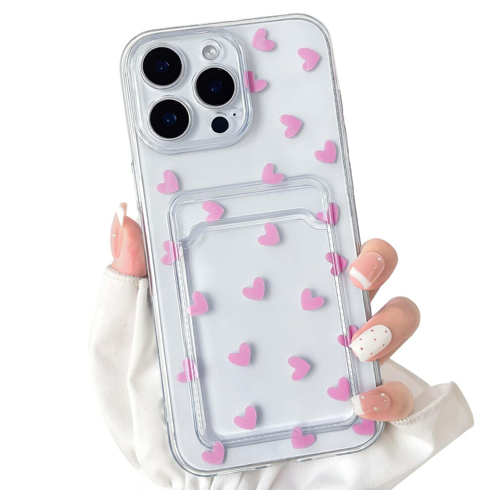 Clear Case With Card Holder, Cute Heart Design, Shockproof Protective Cover For Iphone 13 Pro Max Pink 9092120823707