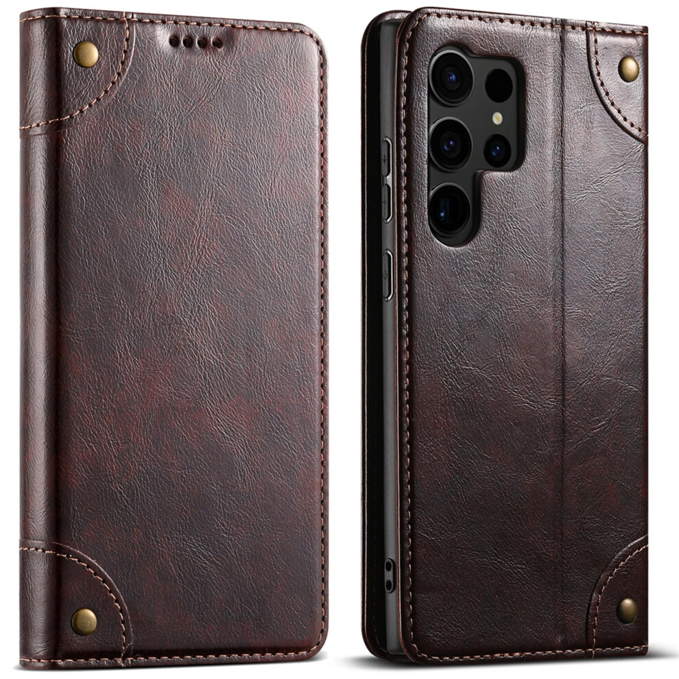 Leather Wallet Case Magnetic Flip With Card Holder Stand Brown2 For Samsung Galaxy S24 Ultra 9771547083870
