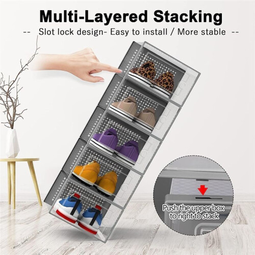 Shoe Storage Box, Clear Transparent Shoe Storage Boxes Hard Plastic Stackable Organiser Containers Bins Grey 2
