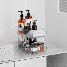 2 Tier Bathroom Organizer with Dividers,Multi-Purpose Slide-Out Clear Storage Container for Bathroom and Kitchen Counter